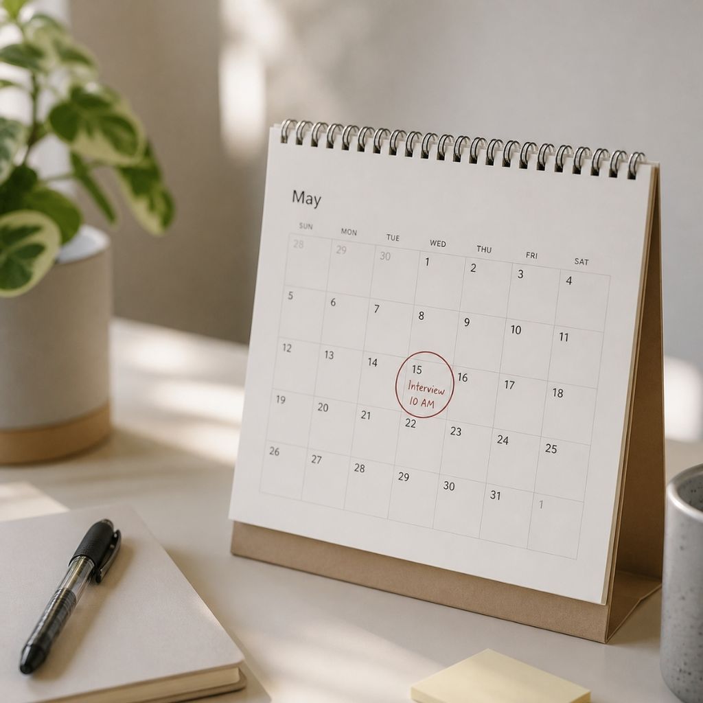 Desk calendar with an interview session marked, planning ahead